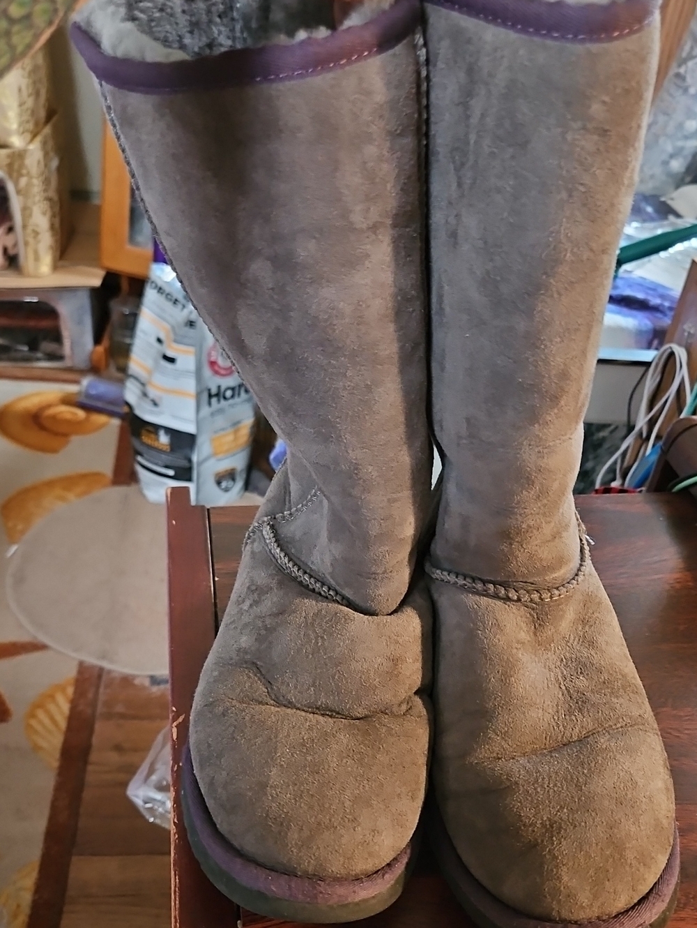 UGG Taupe Suede Tall Boots with Purple Trim